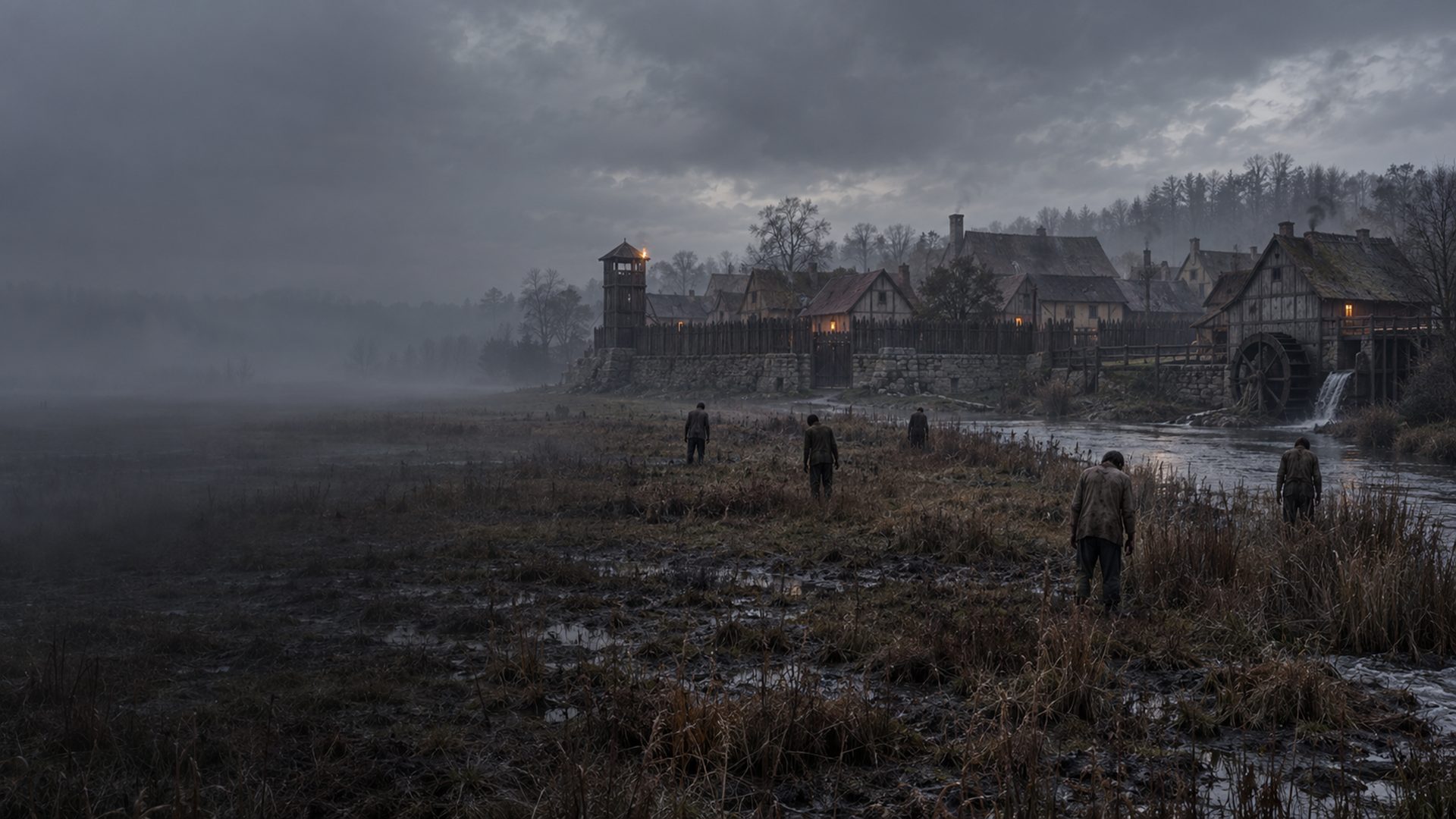Misty fields before a walled timber town with a mill, at dusk